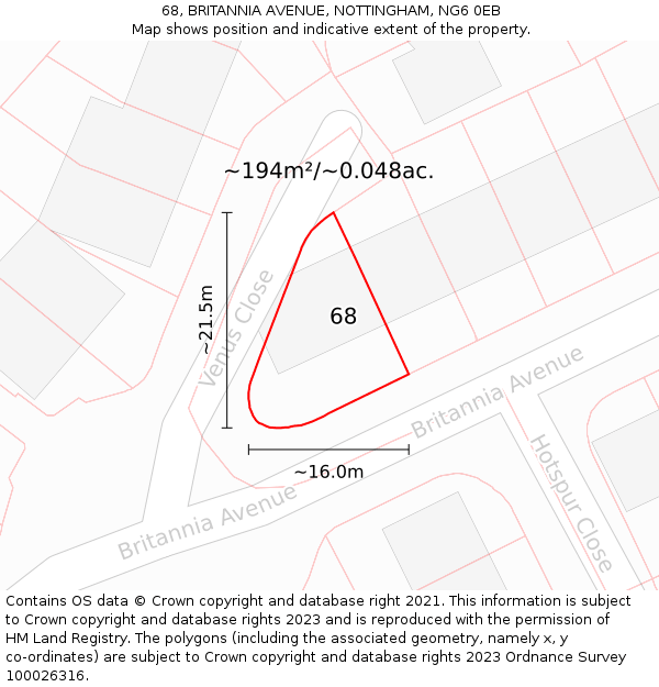 68, BRITANNIA AVENUE, NOTTINGHAM, NG6 0EB: Plot and title map