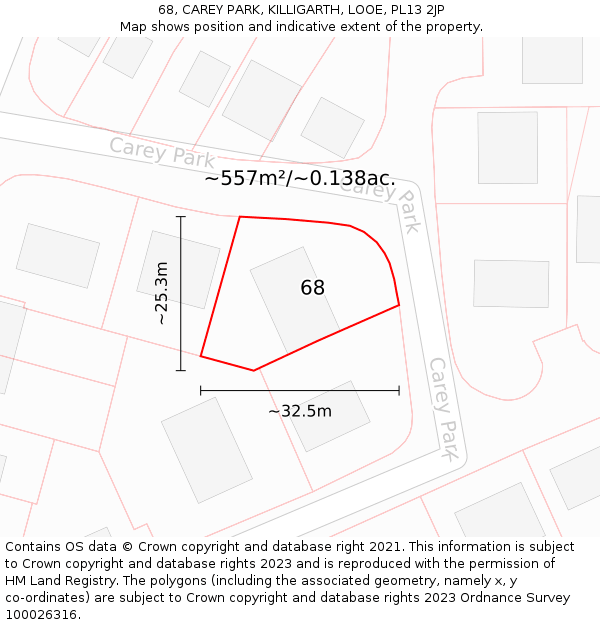 68, CAREY PARK, KILLIGARTH, LOOE, PL13 2JP: Plot and title map