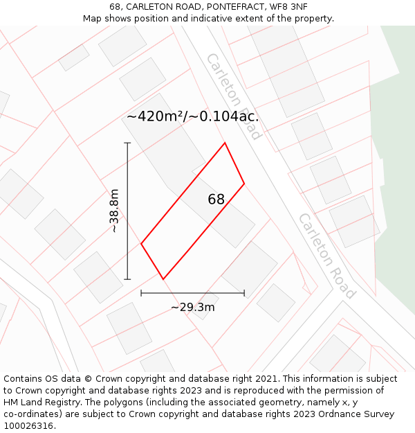 68, CARLETON ROAD, PONTEFRACT, WF8 3NF: Plot and title map