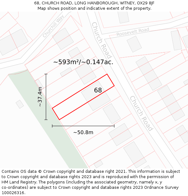 68, CHURCH ROAD, LONG HANBOROUGH, WITNEY, OX29 8JF: Plot and title map