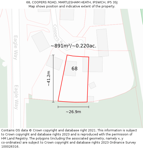 68, COOPERS ROAD, MARTLESHAM HEATH, IPSWICH, IP5 3SJ: Plot and title map