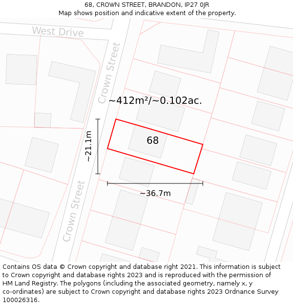 68, CROWN STREET, BRANDON, IP27 0JR: Plot and title map