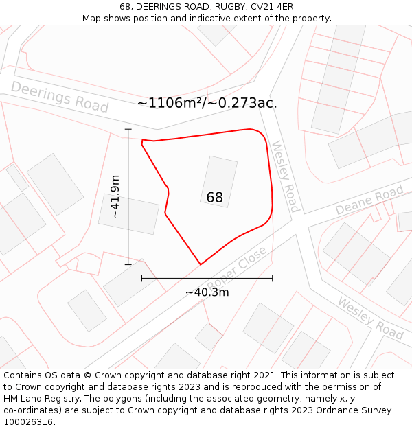 68, DEERINGS ROAD, RUGBY, CV21 4ER: Plot and title map