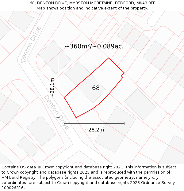 68, DENTON DRIVE, MARSTON MORETAINE, BEDFORD, MK43 0FF: Plot and title map