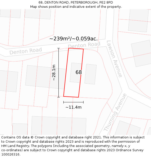 68, DENTON ROAD, PETERBOROUGH, PE2 8PD: Plot and title map