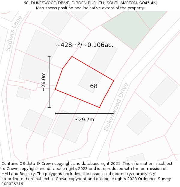 68, DUKESWOOD DRIVE, DIBDEN PURLIEU, SOUTHAMPTON, SO45 4NJ: Plot and title map