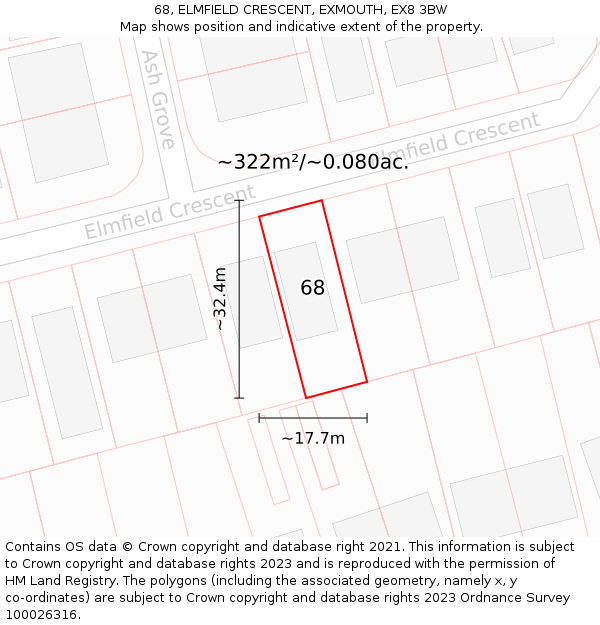 68, ELMFIELD CRESCENT, EXMOUTH, EX8 3BW: Plot and title map