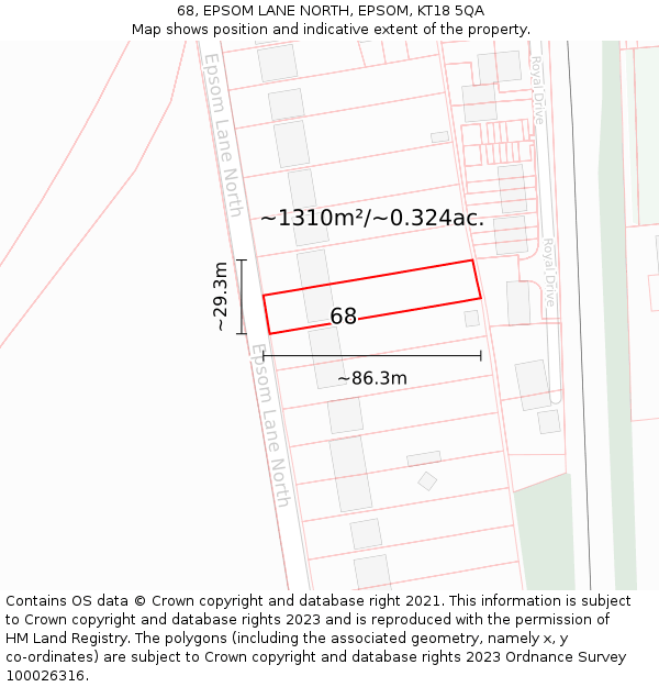 68, EPSOM LANE NORTH, EPSOM, KT18 5QA: Plot and title map