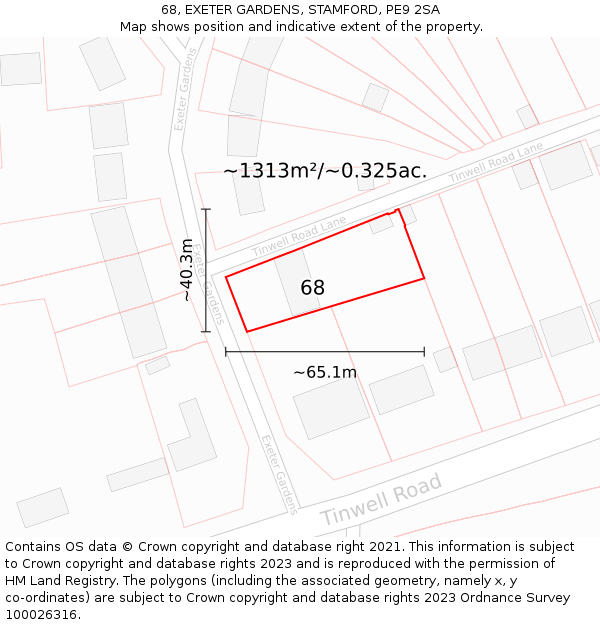 68, EXETER GARDENS, STAMFORD, PE9 2SA: Plot and title map