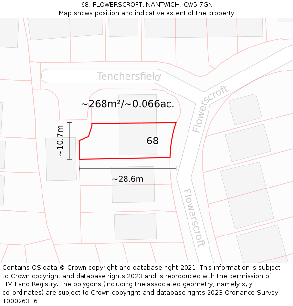 68, FLOWERSCROFT, NANTWICH, CW5 7GN: Plot and title map