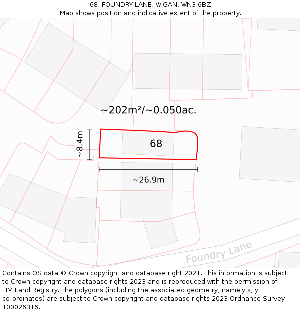 68, FOUNDRY LANE, WIGAN, WN3 6BZ: Plot and title map