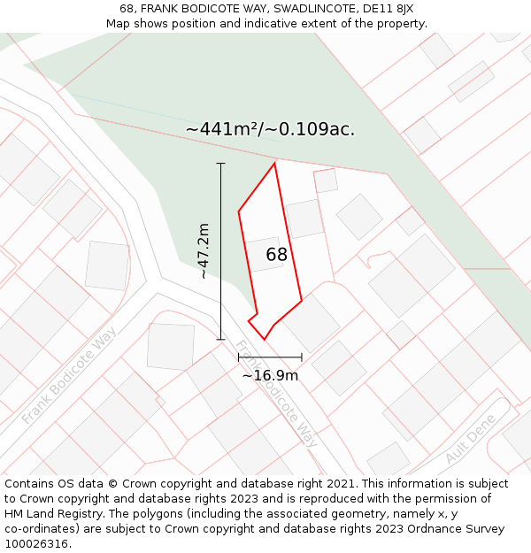 68, FRANK BODICOTE WAY, SWADLINCOTE, DE11 8JX: Plot and title map