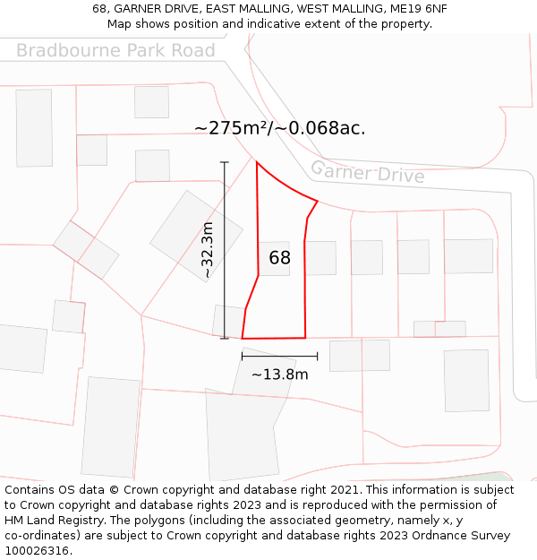 68, GARNER DRIVE, EAST MALLING, WEST MALLING, ME19 6NF: Plot and title map