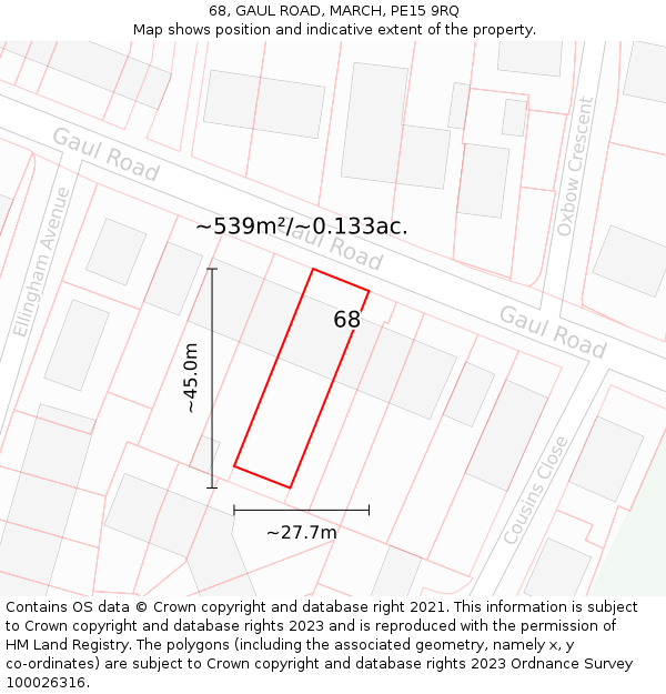 68, GAUL ROAD, MARCH, PE15 9RQ: Plot and title map