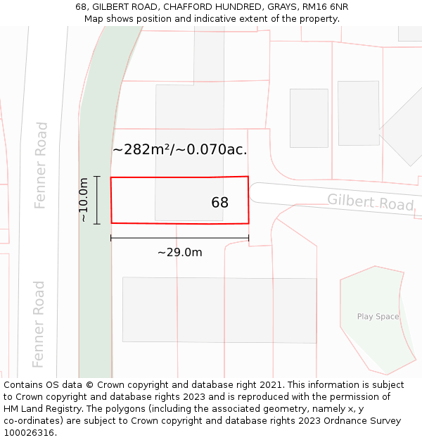 68, GILBERT ROAD, CHAFFORD HUNDRED, GRAYS, RM16 6NR: Plot and title map