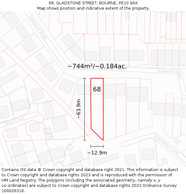 68, GLADSTONE STREET, BOURNE, PE10 9AX: Plot and title map