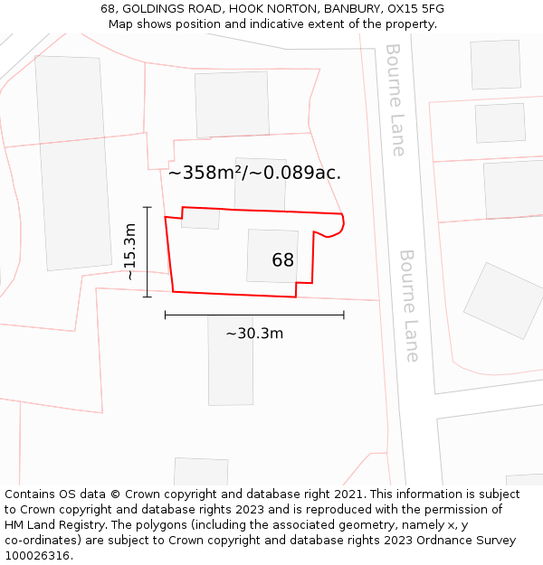 68, GOLDINGS ROAD, HOOK NORTON, BANBURY, OX15 5FG: Plot and title map