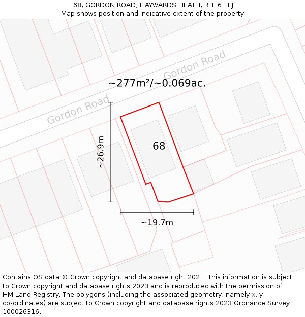 68, GORDON ROAD, HAYWARDS HEATH, RH16 1EJ: Plot and title map