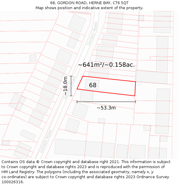 68, GORDON ROAD, HERNE BAY, CT6 5QT: Plot and title map