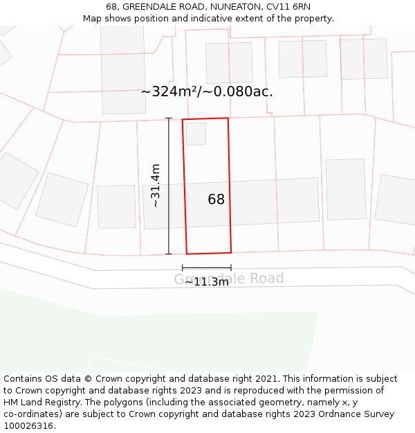 68, GREENDALE ROAD, NUNEATON, CV11 6RN: Plot and title map