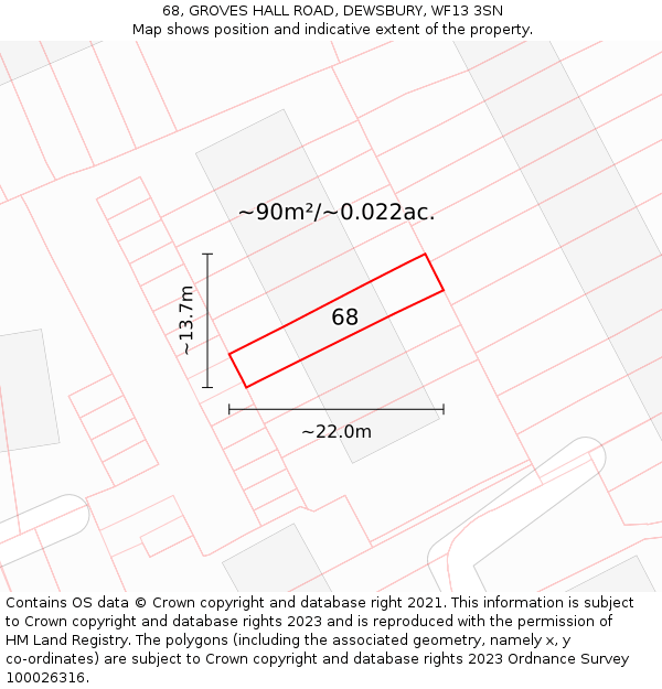 68, GROVES HALL ROAD, DEWSBURY, WF13 3SN: Plot and title map