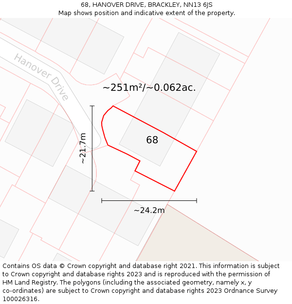 68, HANOVER DRIVE, BRACKLEY, NN13 6JS: Plot and title map