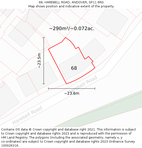 68, HAREBELL ROAD, ANDOVER, SP11 6RG: Plot and title map