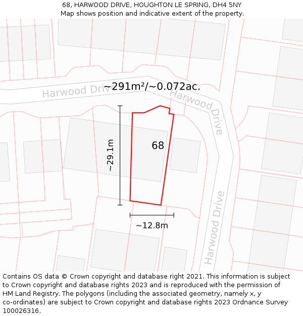 68, HARWOOD DRIVE, HOUGHTON LE SPRING, DH4 5NY: Plot and title map