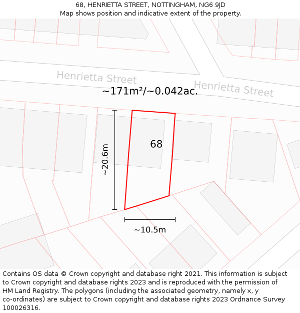 68, HENRIETTA STREET, NOTTINGHAM, NG6 9JD: Plot and title map