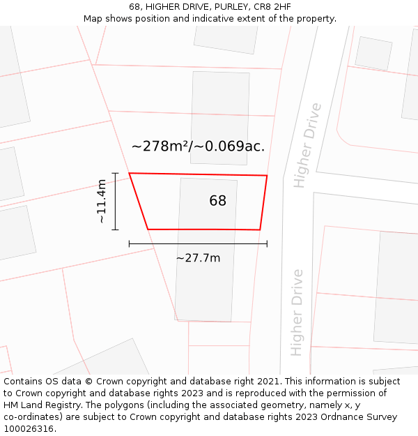 68, HIGHER DRIVE, PURLEY, CR8 2HF: Plot and title map