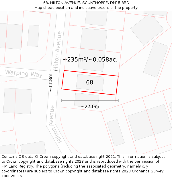 68, HILTON AVENUE, SCUNTHORPE, DN15 8BD: Plot and title map