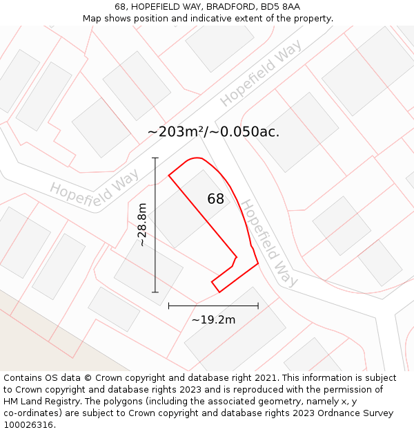 68, HOPEFIELD WAY, BRADFORD, BD5 8AA: Plot and title map