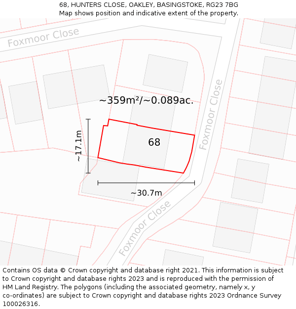 68, HUNTERS CLOSE, OAKLEY, BASINGSTOKE, RG23 7BG: Plot and title map