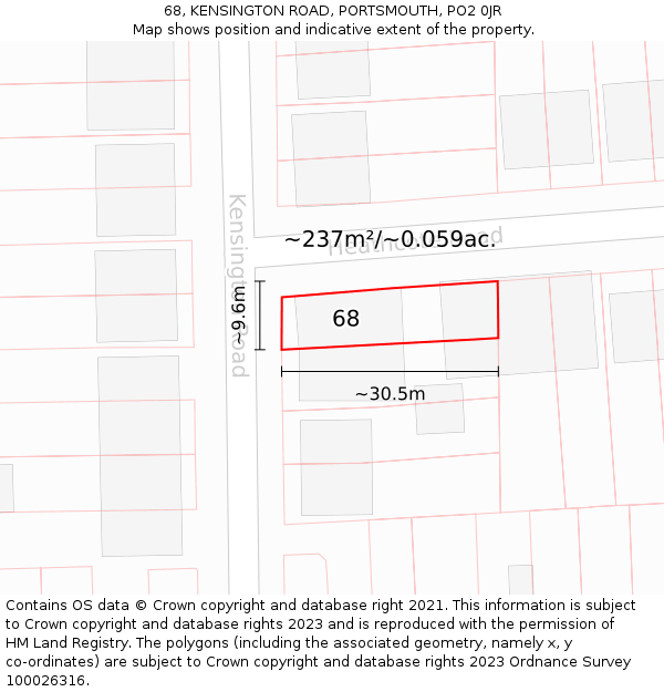 68, KENSINGTON ROAD, PORTSMOUTH, PO2 0JR: Plot and title map