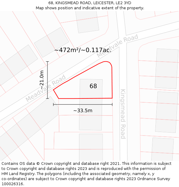 68, KINGSMEAD ROAD, LEICESTER, LE2 3YD: Plot and title map