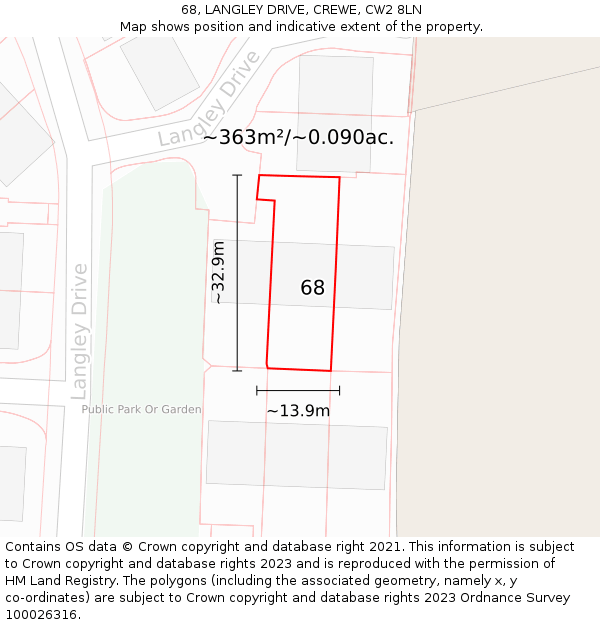 68, LANGLEY DRIVE, CREWE, CW2 8LN: Plot and title map