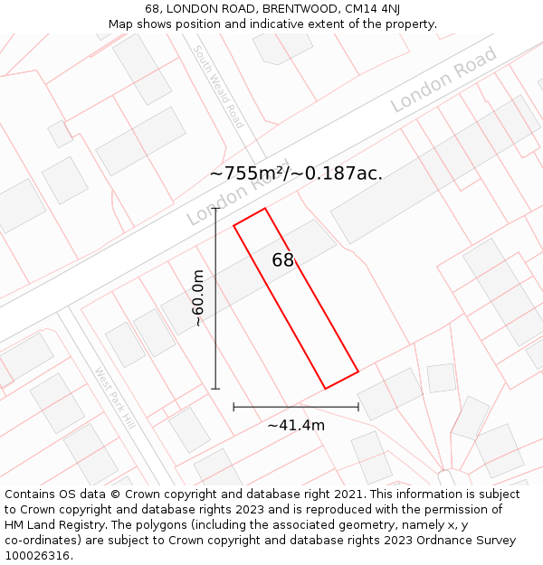 68, LONDON ROAD, BRENTWOOD, CM14 4NJ: Plot and title map