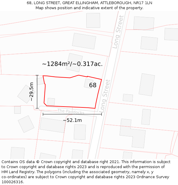 68, LONG STREET, GREAT ELLINGHAM, ATTLEBOROUGH, NR17 1LN: Plot and title map