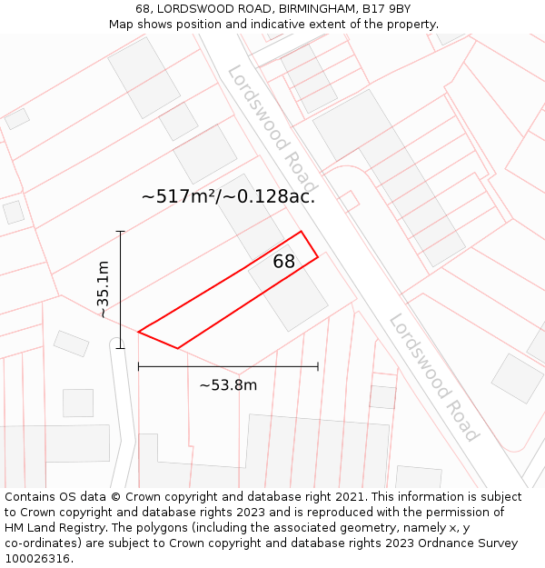 68, LORDSWOOD ROAD, BIRMINGHAM, B17 9BY: Plot and title map