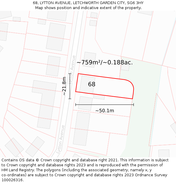 68, LYTTON AVENUE, LETCHWORTH GARDEN CITY, SG6 3HY: Plot and title map