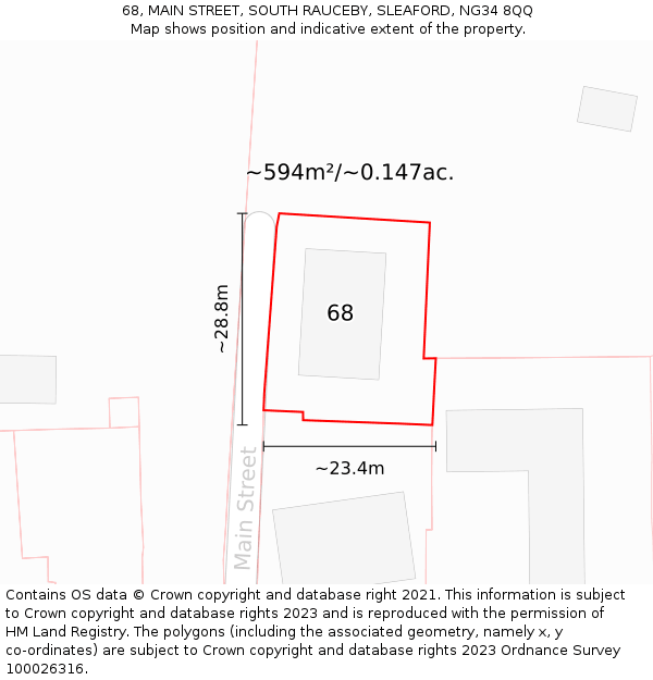 68, MAIN STREET, SOUTH RAUCEBY, SLEAFORD, NG34 8QQ: Plot and title map