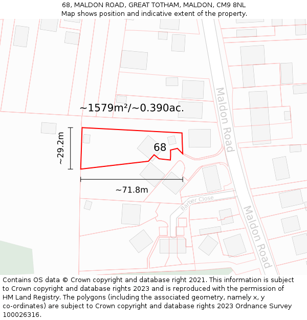 68, MALDON ROAD, GREAT TOTHAM, MALDON, CM9 8NL: Plot and title map