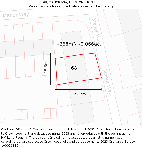 68, MANOR WAY, HELSTON, TR13 8LZ: Plot and title map