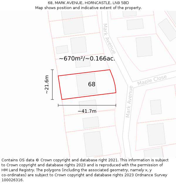 68, MARK AVENUE, HORNCASTLE, LN9 5BD: Plot and title map