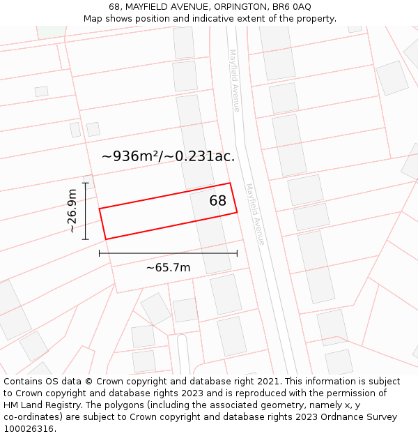 68, MAYFIELD AVENUE, ORPINGTON, BR6 0AQ: Plot and title map