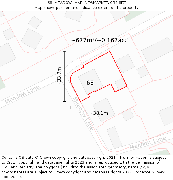 68, MEADOW LANE, NEWMARKET, CB8 8FZ: Plot and title map