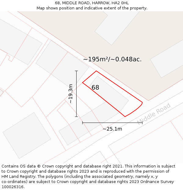 68, MIDDLE ROAD, HARROW, HA2 0HL: Plot and title map