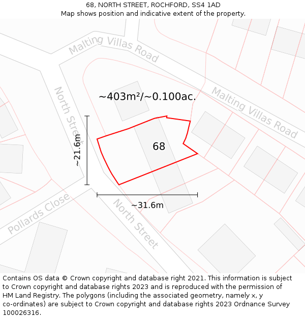 68, NORTH STREET, ROCHFORD, SS4 1AD: Plot and title map