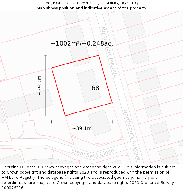 68, NORTHCOURT AVENUE, READING, RG2 7HQ: Plot and title map