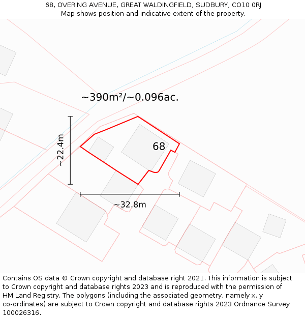 68, OVERING AVENUE, GREAT WALDINGFIELD, SUDBURY, CO10 0RJ: Plot and title map